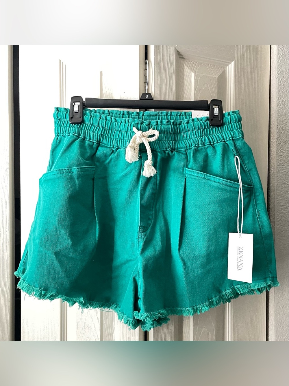 Zenana Outfitters Teal High-Rise Drawstring Shorts with Frayed Hem